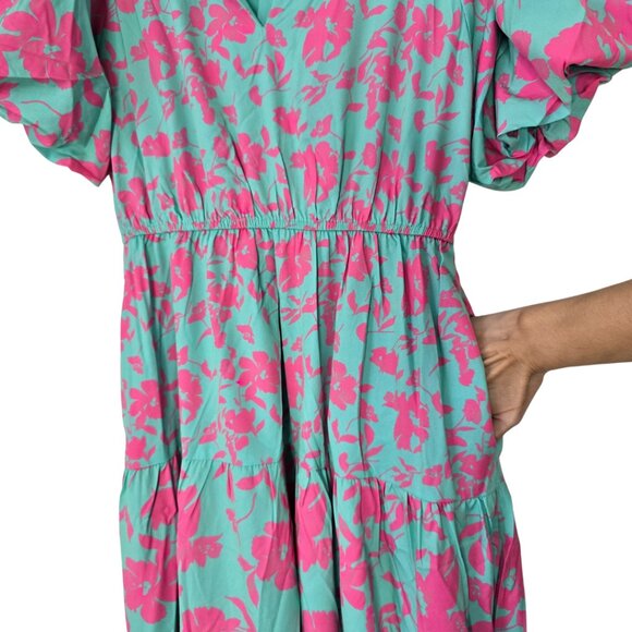 Umgee Pink & Mint Floral Short Puff Sleeve Tiered Midi Dress w Pockets Small NWT - Picture 3 of 7